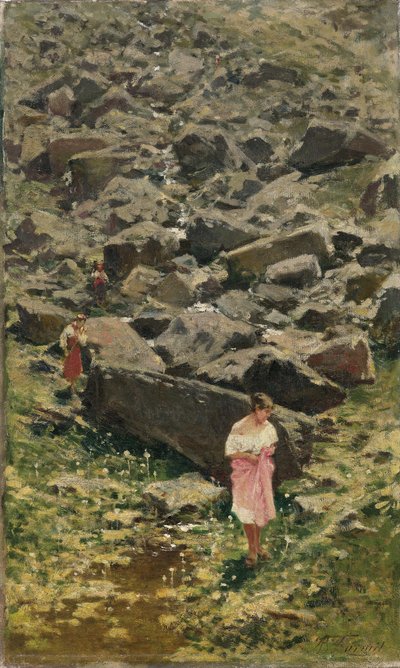 Paysage rocheux avec jeunes femmes au bord du ruisseau - Achille Formis Befani